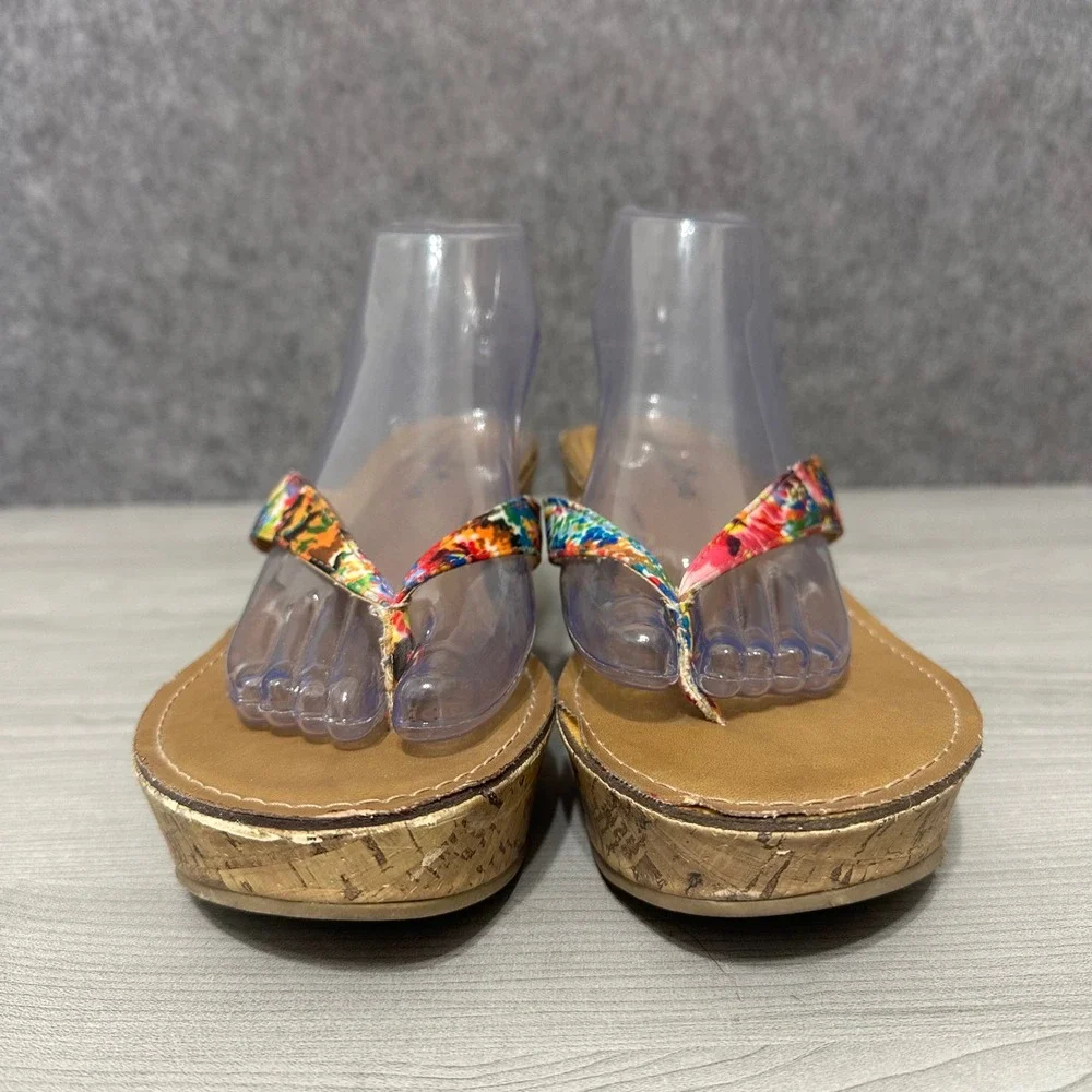 Montego Bay Club Womens Sz 10 Multicolor Floral Cork‎ Wedge Thong Sandals